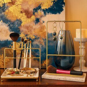 Set of 2 Marble-Pattern Gold Tone Metal Organizers Stand Display NEW
